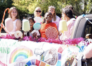 Class of ‘25 make shift truck float featuring their theme of candy land. Pictured (left to right) : Lucy Hollingsworth, Vibha Gowda, Claire Holt Renee Cargill, Kate Farmer, Siena Avolio, and Charlie Sanderlin